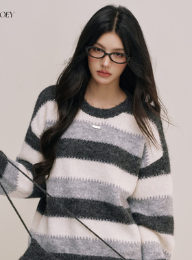 CHILL ZOEY 山岛寄月条纹毛衣女秋季圆领长袖羊毛针织衫休闲上衣
