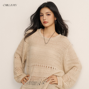 慵懒风上衣卡其色长袖 CHILL 镂空圆领秋季 秋风赴毛衣针织衫 ZOEY