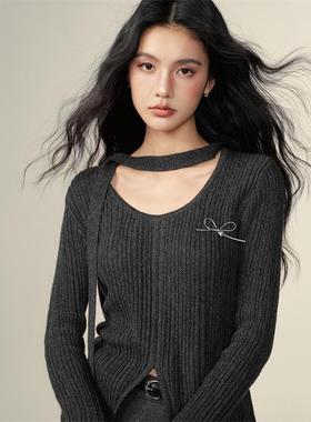 CHILL ZOEY 格雷系开叉针织上衣女修身针织上衣2025春冬长袖上衣