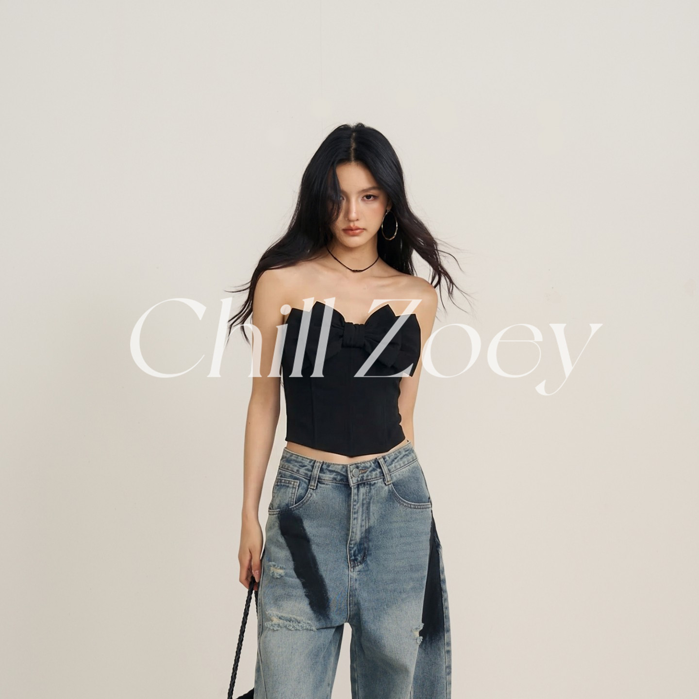 CHILLZOEY 蝴蝶结抹胸上衣女辣妹风短款露肩纯欲风外穿露腰裹胸