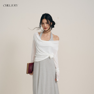 CHILL ZOEY原点条纹挂脖连衣裙2026夏季新款吊带露背收腰显瘦长裙