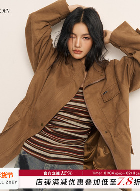 CHILL ZOEY杏仁烤奶麂皮外套25秋冬女生美式复古工装夹克宽松外套