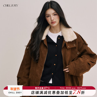 CHILL ZOEY浮光叩皮外套新款女冬季毛领复古气质牛仔夹克外套短款