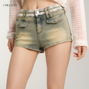 CHILL ZOEY2026夏季新款法式蕾丝拼接丰胯牛仔短裤女低腰紧身包臀