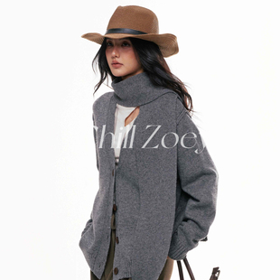 毛衣休闲风设计感纯色上衣 茶色岛毛衣外套女直筒开衫 CHILL ZOEY