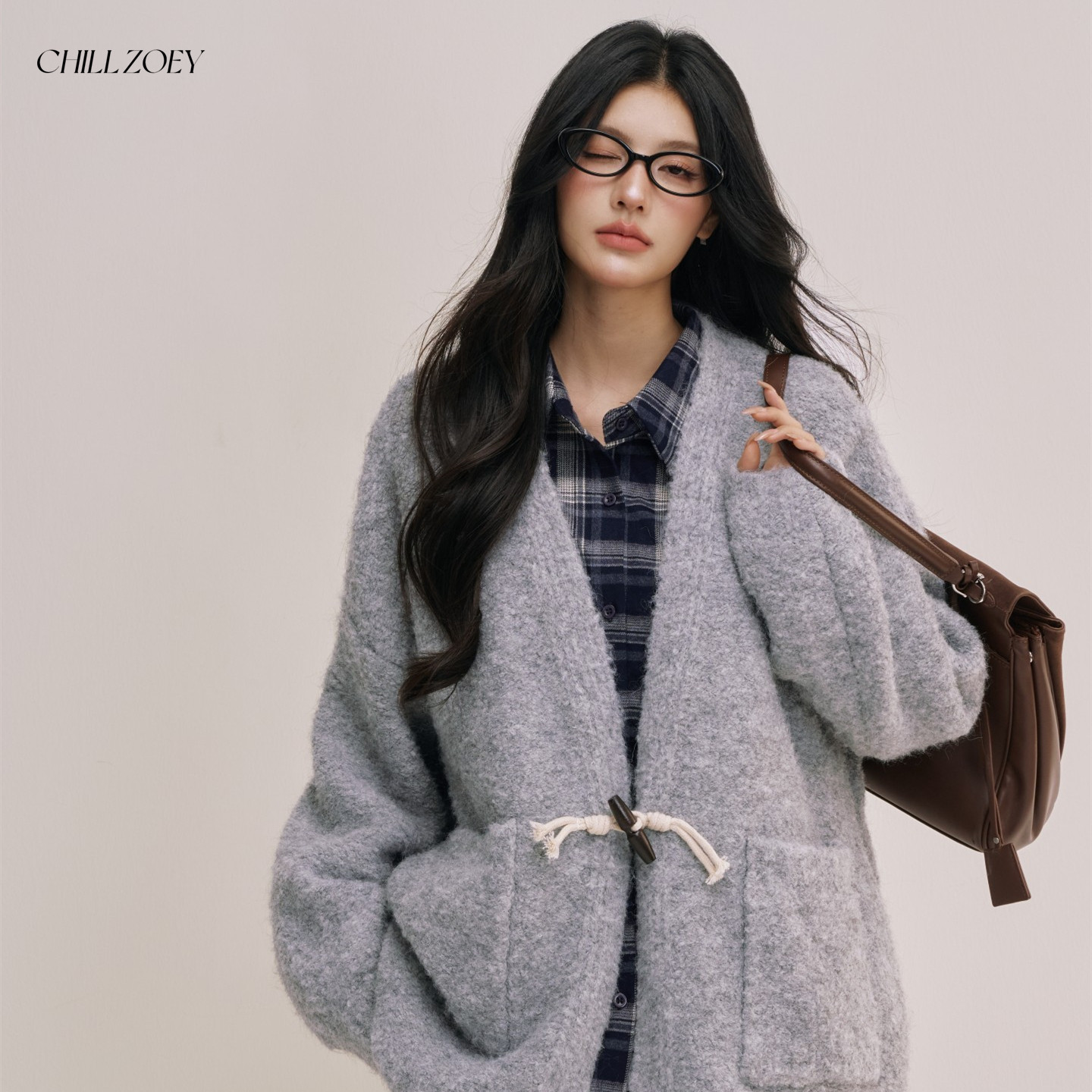 CHILL ZOEY自然游书开衫毛衣女秋冬上衣休闲长绒针织外套宽松