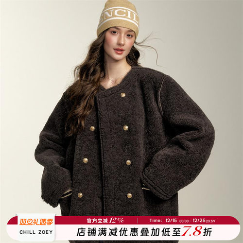 CHILL ZOEY 黑金派对圆领外套  冬季外套女2025新款加绒加厚
