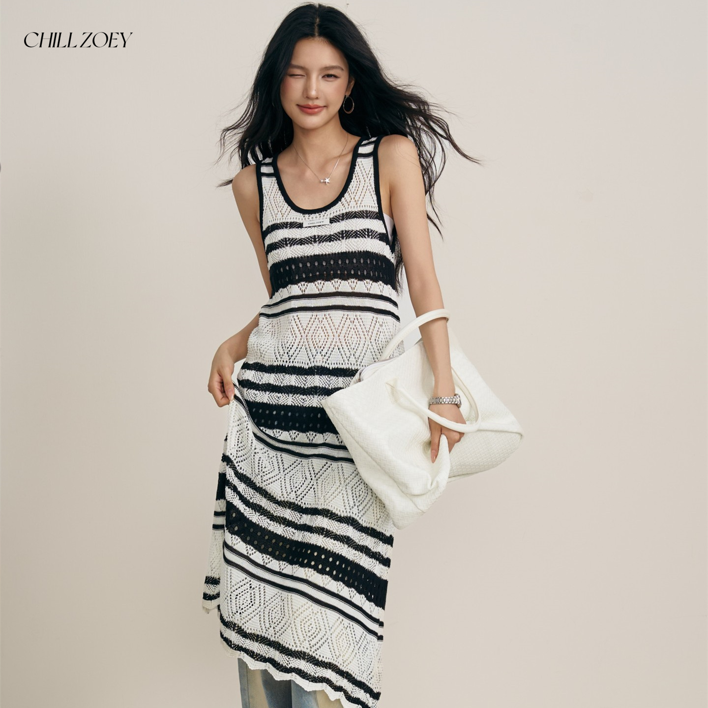 CHILLZOEY砚無声镂空连衣裙女夏季新款条纹背心裙针织U领无袖长裙