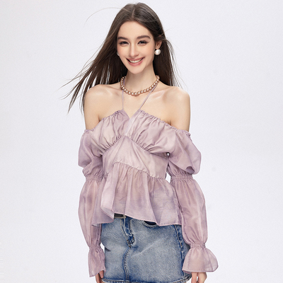 CHILL ZOEY复古喇叭袖上衣2026初秋新款时尚高级紫色别致长袖上衣