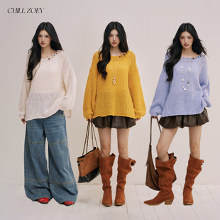 慵懒风上衣 女秋季 CHILL ZOEY山野既来毛衣设计感粗棒针羊毛针织衫