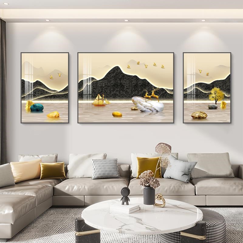 现代金轻客厅装饰画山福三简约奢C壁联画大气沙挂发鹿背景墙挂画