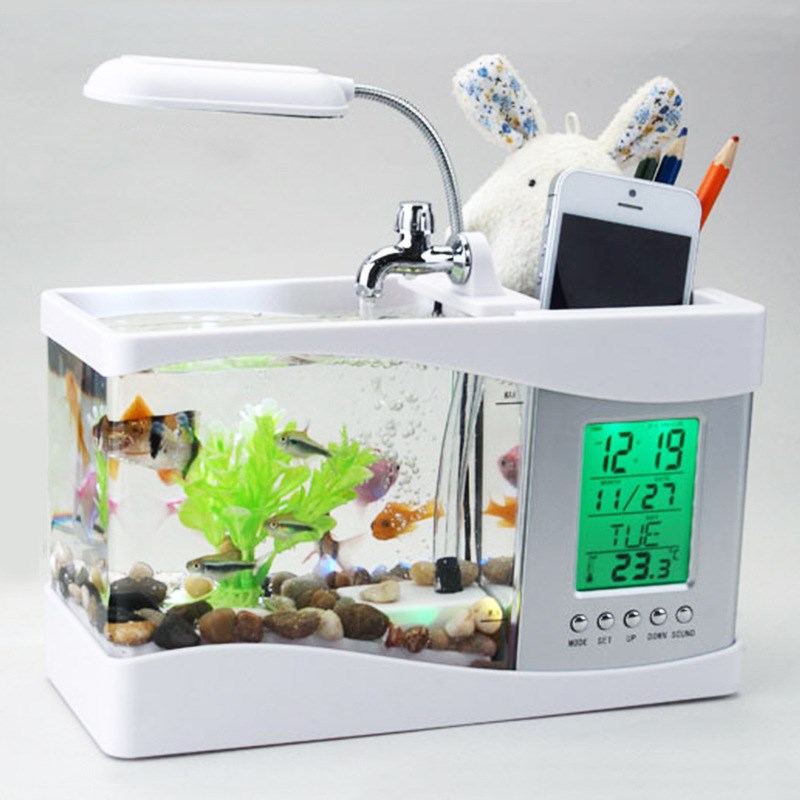 创意迷你鱼缸创意礼物 家居用品水族箱 H笔筒时间闹钟日历LED台灯