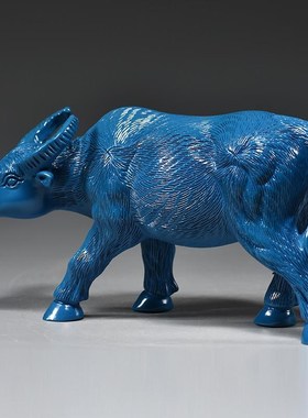 蓝色木雕牛e摆件牛气冲天实木水牛工艺品十二生肖动物客厅开业送