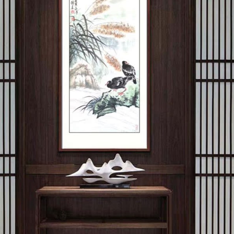 手绘水墨写意芦苇秋塘花鸟中堂A客厅玄关书房挂家沙发背景办公字