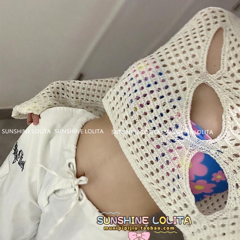 新品沙滩温泉外穿罩衫女透视装杏色E针织衫宽松海边度假镂空比基