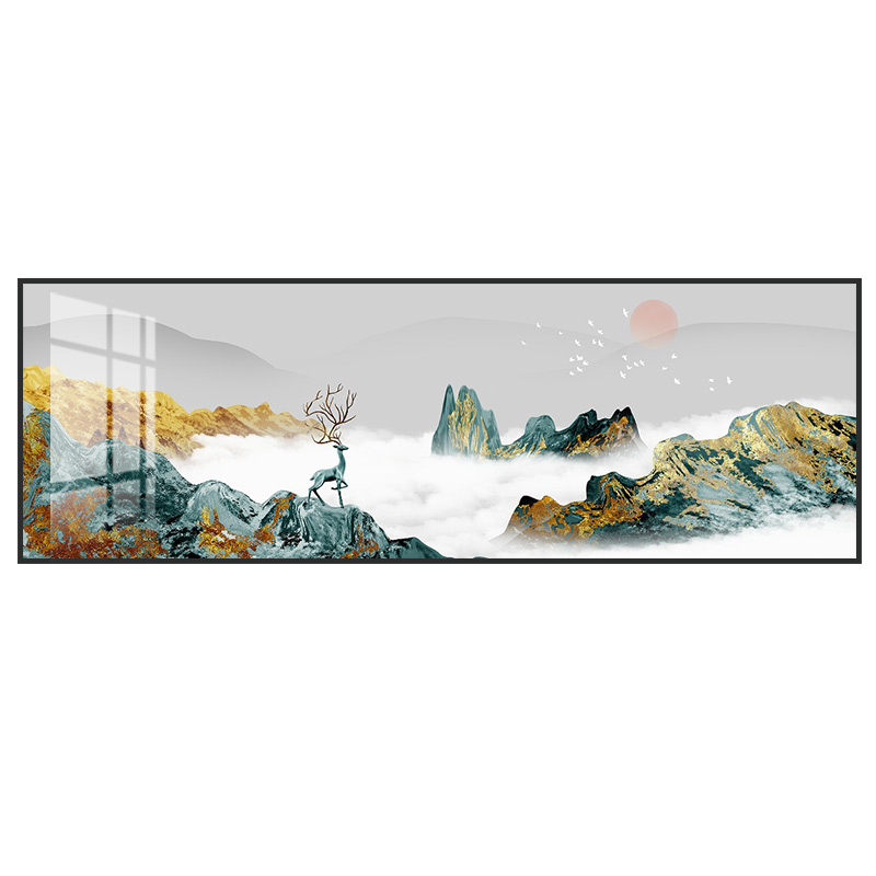 极速新中式客厅装饰画现代简约沙发背景墙轻奢P挂画金色麋鹿山水图片