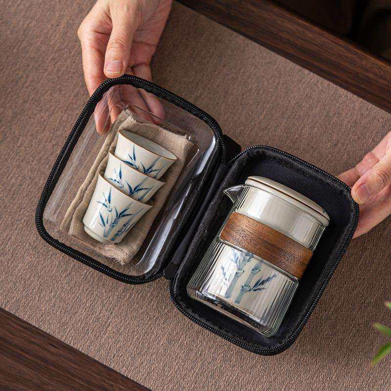 草木灰手绘竹子快客杯陶瓷釉下彩一壶三杯便捷玻璃功夫旅行茶具