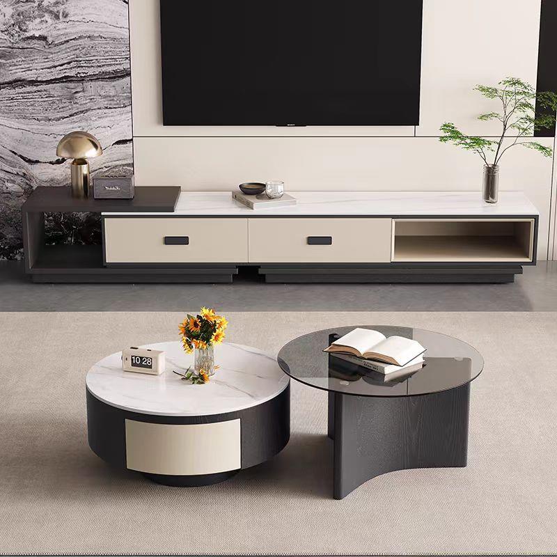 新款2025茶几家用客厅电视柜现代简约圆形玻璃岩板组合储物柜