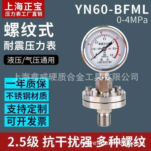 正宝YN60-BFML耐震压力表螺纹对夹式防腐蚀隔膜压力表316不锈钢水