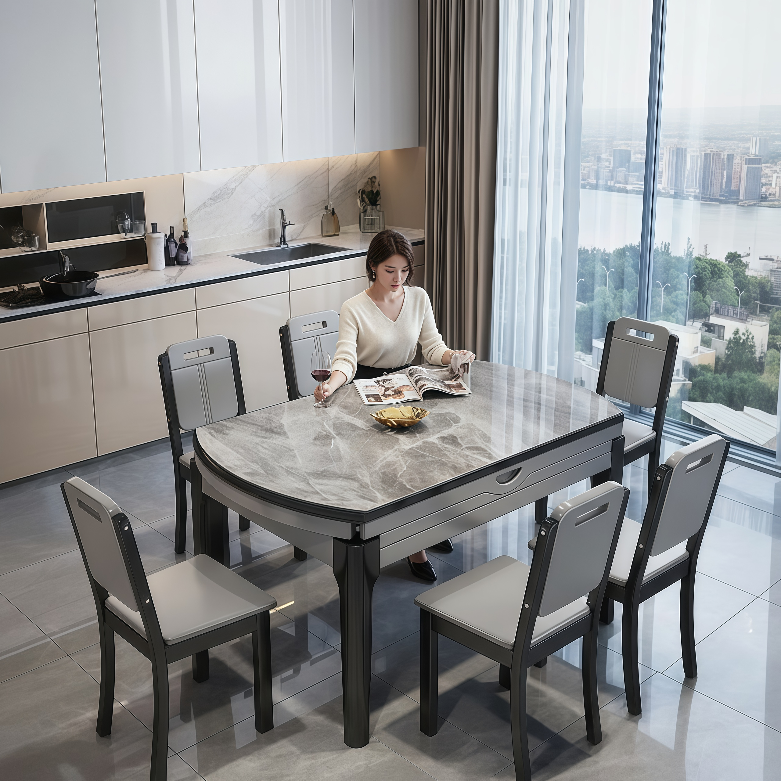 岩板餐桌椅组合轻奢简约现代家用吃饭折叠伸缩小户型饭桌可变圆桌