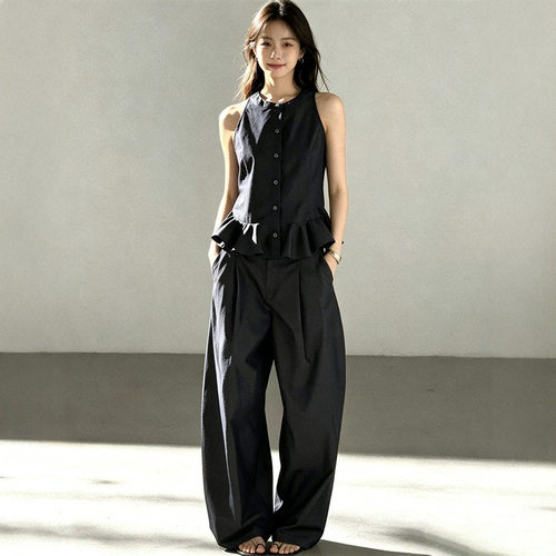 黑哥outfit 仿牛仔蓝荷叶边无袖衬衫背心马甲上衣阔腿裤套装夏季