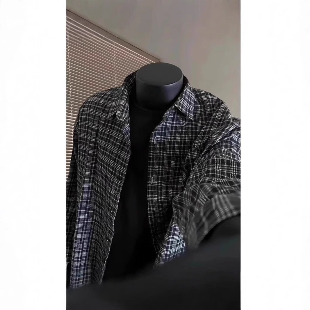 韩版棕色磨毛长袖格子衬衫男款高级内搭叠穿格纹衬衣运动休闲外套