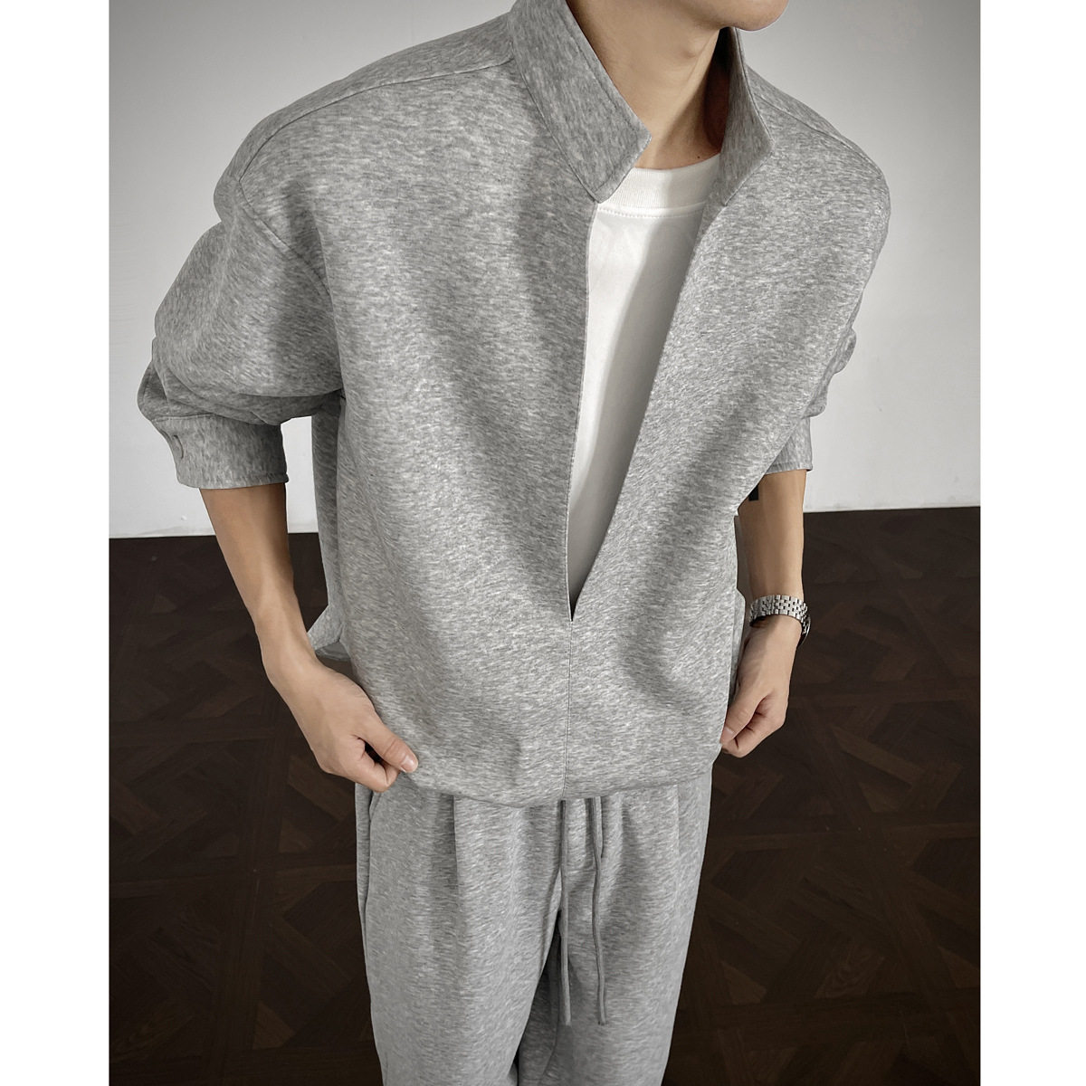 2026秋装新款美式宽松假两件套装立领卫衣情侣外套男上衣两件套潮