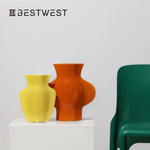 创意彩色b亮面扁形水培陶瓷花瓶 高档家居软装饰品花器