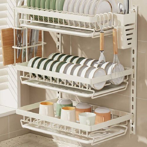 厨房碗盘置物架家用多功能碗碟y沥水架子壁挂式免打孔刀具收纳神