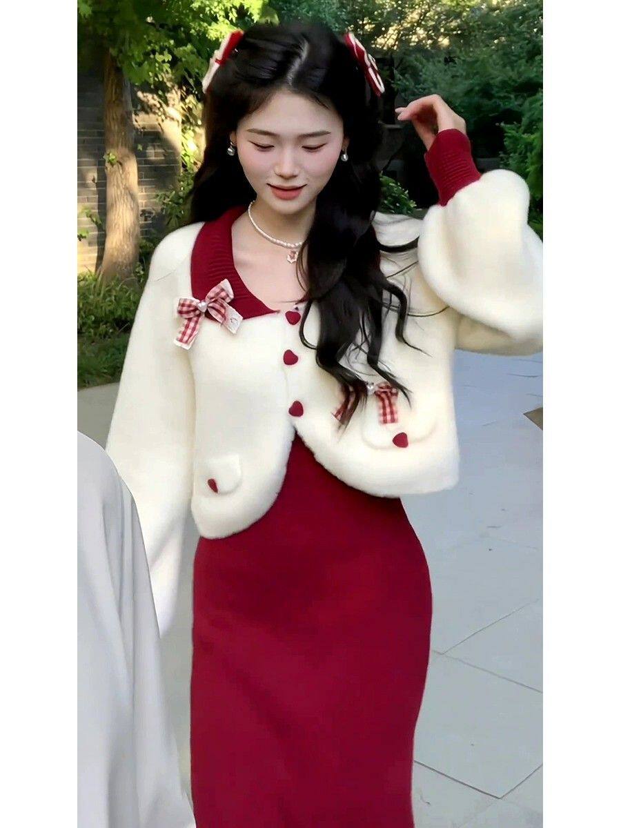 甜美时尚洋气两件套女2025秋冬季新款短款拼接上衣红色连衣裙套装