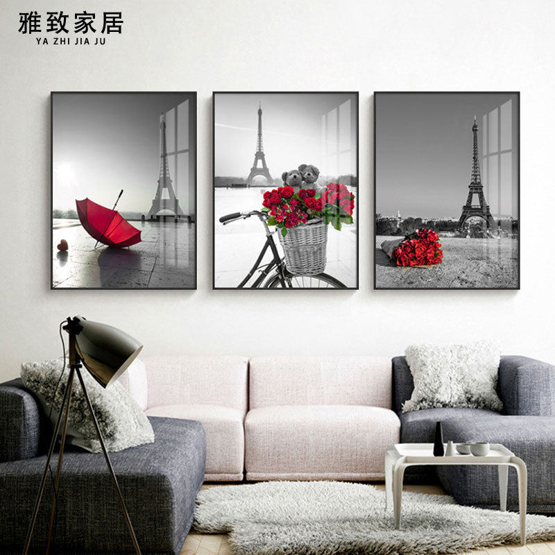 现代简约黑白客厅背景装饰画三联画大气工业风卧室埃菲尔铁塔墙画