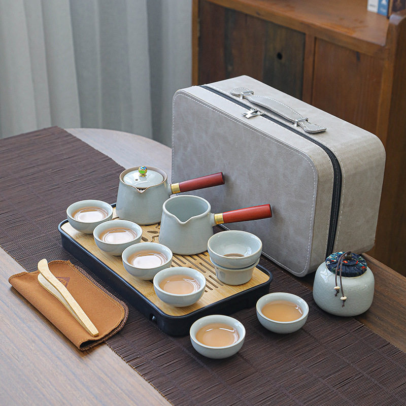 月白旅行茶具套装户外便携式陶瓷快客杯一壶六杯办公室泡茶壶喝茶