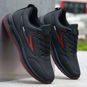 新品男鞋春季防水皮面运动鞋透气薄款休闲跑步鞋R黑色防臭工作网