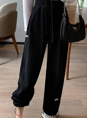 极速灰色阔腿裤子女春秋季宽松休闲棉G裤束脚加绒卫裤美式小个子