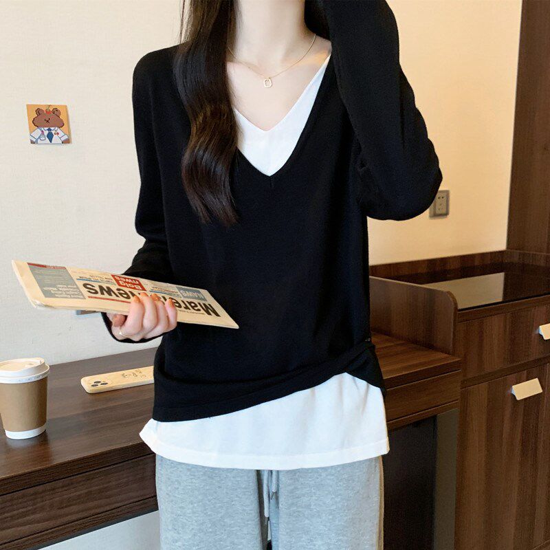 新品假两件V领针织打底衫女2025新E款秋冬胖mm显瘦正肩遮肚子黑色