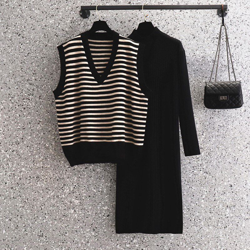 新品大码女秋冬j搭配一整套马甲连衣裙胖妹妹显瘦时尚洋气减龄两