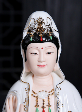 极速陶瓷玉净瓶南海观音佛像家用客厅供奉摆O件白瓷描金观世音坐