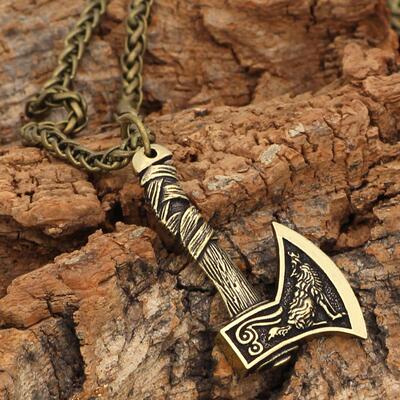极速Mens Viking Celtic Wolf Raven Axe Pendant OdiVns Symbo