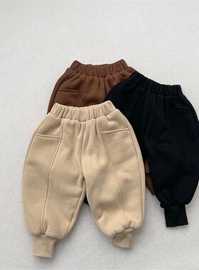 新品日韩系~儿童冬装复t古休闲压线加厚卫裤男女宝宝双层保暖运动