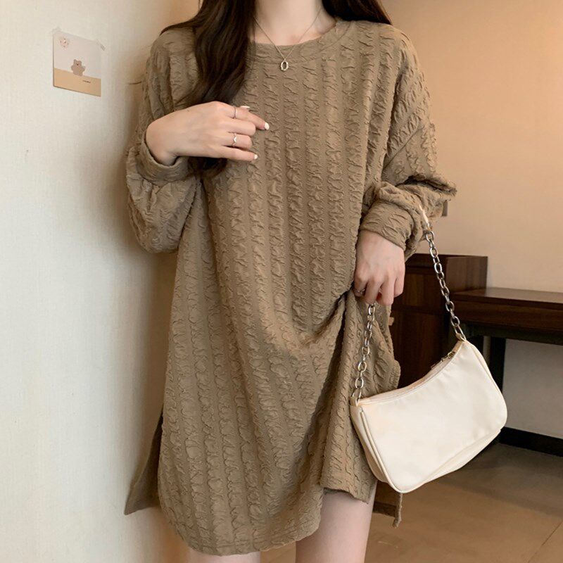 新品大码女秋冬装显瘦宽松u中长款遮屁股长袖T恤胖mm正肩时尚洋气