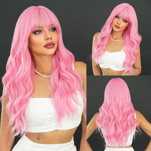 Wig ladies pink long curly hair big wave curly hair full hea