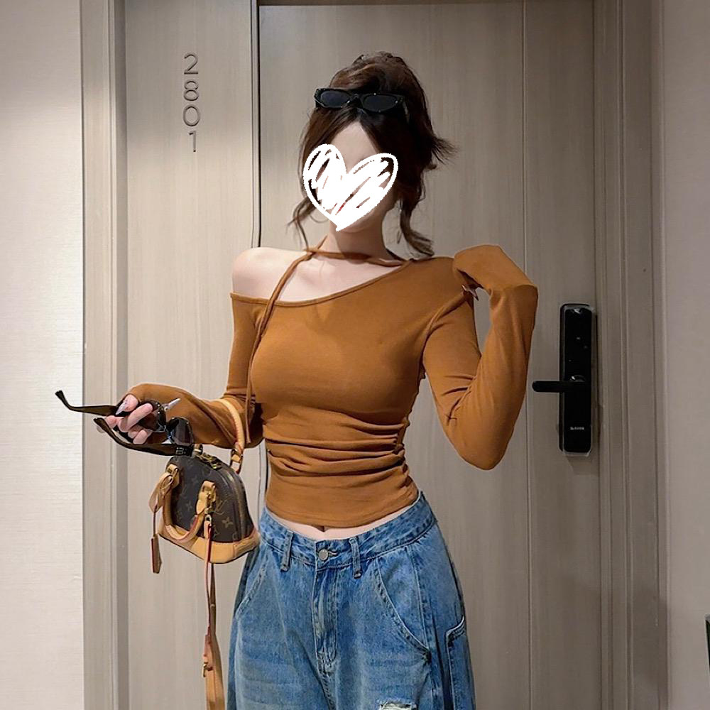 2025早秋新款韩版纯欲风斜肩系带打底衫设计感修身显瘦长袖T恤女,女装/女士精品,T恤,淘宝优惠券,粉丝福利购,淘宝优惠卷