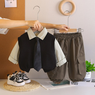 男童休闲马甲衬衫三件套春秋宝宝时尚套装炸街潮童装痞帅学院衣服