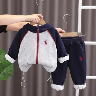 连帽外套运动卫衣韩版男宝休闲套装保暖韩版儿童加绒秋冬两件套潮