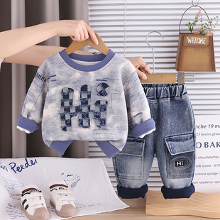 男童春秋休闲套装韩版字母印花卫衣牛仔裤两件套宝宝扎染痞帅衣服