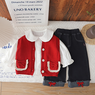 女童甜美风娃娃领衬衫针织马甲牛仔裤三件套宝宝春秋新款洋气套装