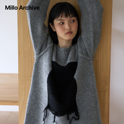 Millo Archive25秋冬女款慵懒风圆领拼色流苏针织衫灰色套头毛衣