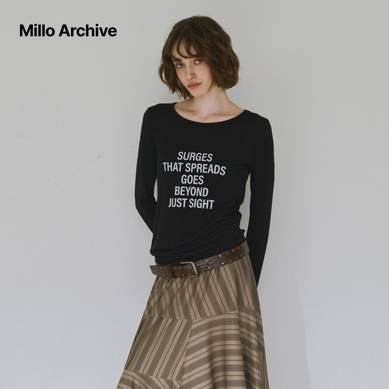 Millo Archive2025春季新款字母长袖圆领女士印花上衣修身T恤