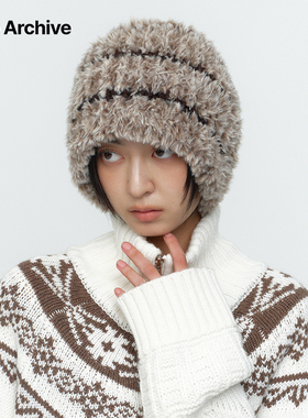 Millo Archive2024冬季新品羊羔毛针织帽女士条纹编织毛线帽百搭