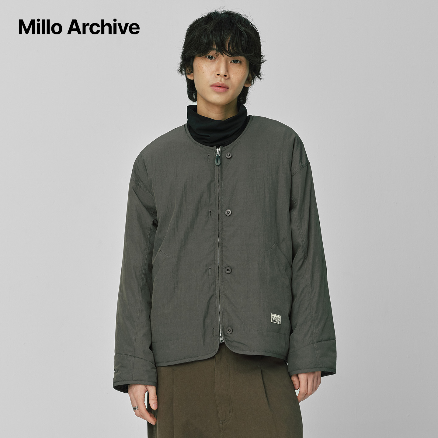 Millo Archive25秋冬极简风无领夹克男宽松圆领外套拉链休闲简约